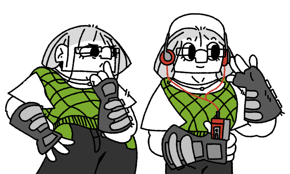 Two character portraits of Louis. Both show his arms at uncomfortable angles while wearing his wrist braces.