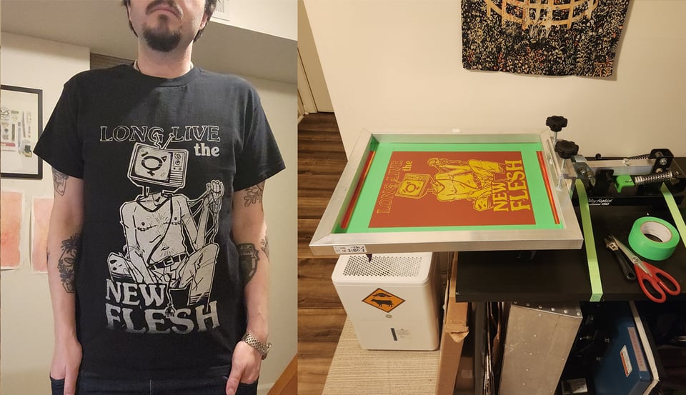 The artist wearing a Long Live the New Flesh TV head tshirt. A screenprinting press.
