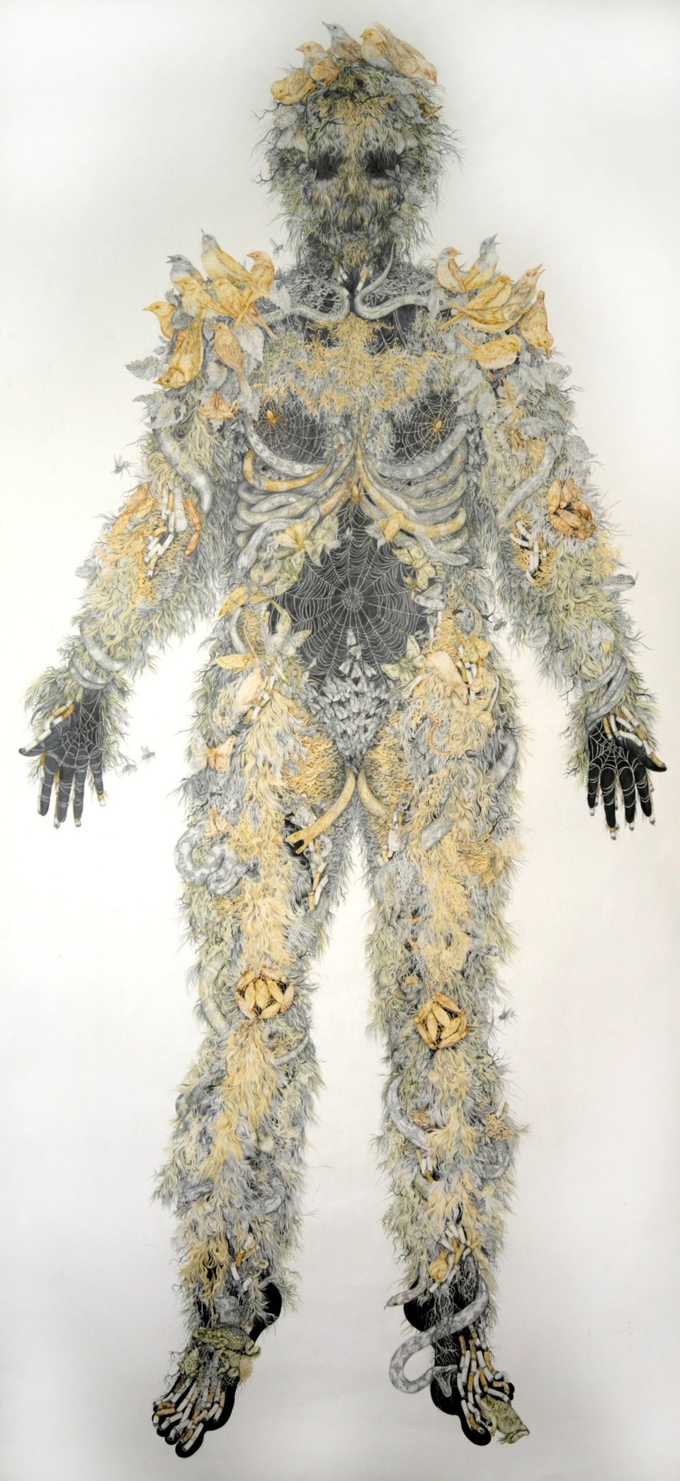 photo of Aurel Schmidt's pencil drawing SUPER NATURAL, of a human body composed of plant and animal life, and detritus