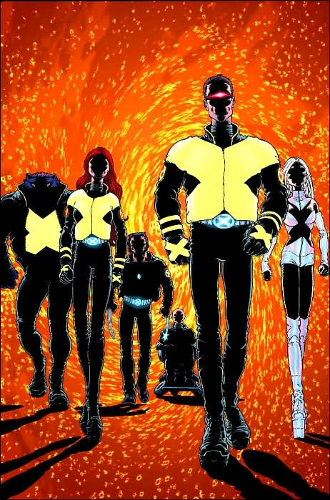 the image from the cover of New X-Men #114, featuring Beast, Jean Grey, Wolverine, Cyclops, Professor X and Emma Frost is bright yellow clothes but also in silhouette against a swirling orange and yellow backdrop, by Frank Quitely
