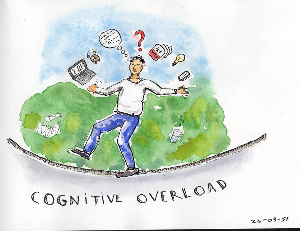 Ink and watercolor sketch of a person balancing on one leg on a wire. The wire is not tight. The person is juggling multiple elements. A laptop, an old alarm clock, a calendar, a phone. He also has a question mark above his head, a speech bubble, and a lightbulb. He's dropping a glass half full that is falling, and a pile of envelopes. The background is green to represent tree tops, and blue for the sky.