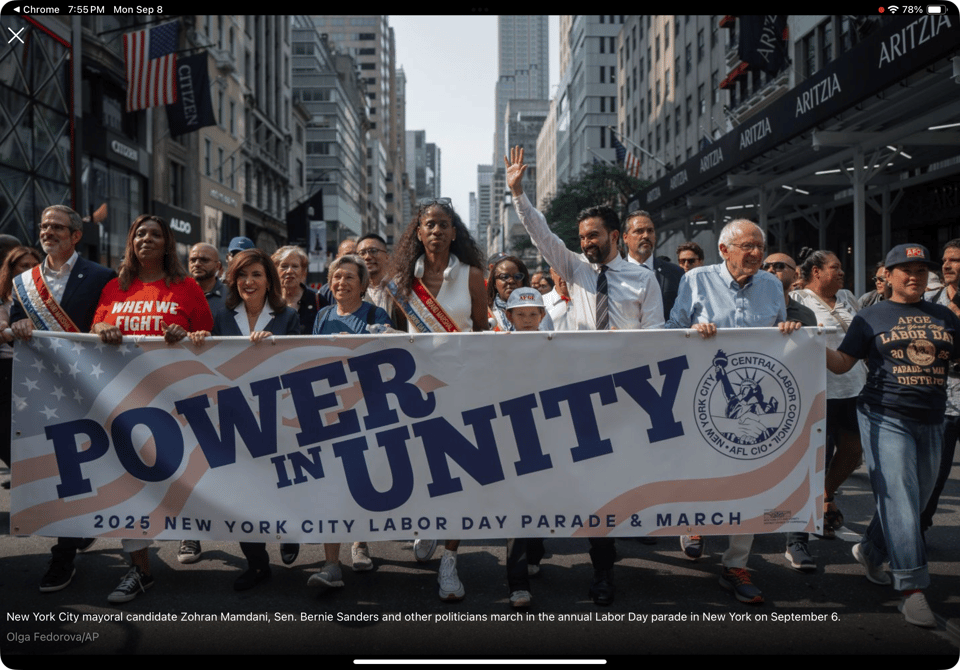 AG Letitia James, NY Gov. Kathy Hochul, mayoral candidate Zohran Mamdani, VT Senator Bernie Sanders and other politicians marched on Saturday for the annual Labor Day Parade.