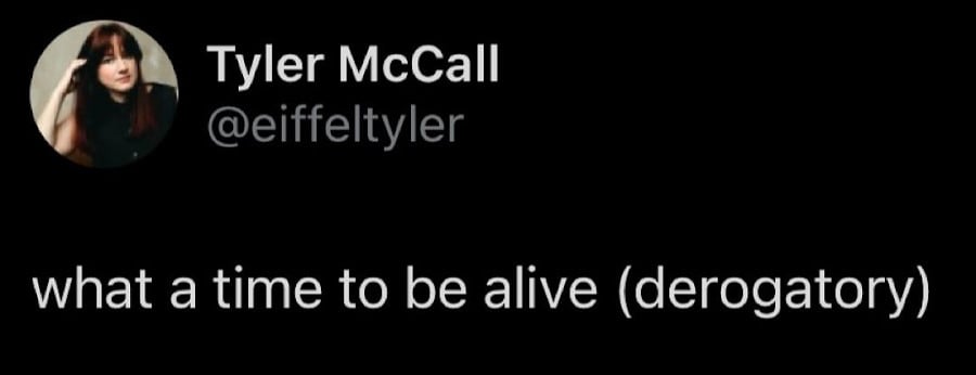 Twitter screenshot from @eiffeltyler: what a time to be alive (derogatory)