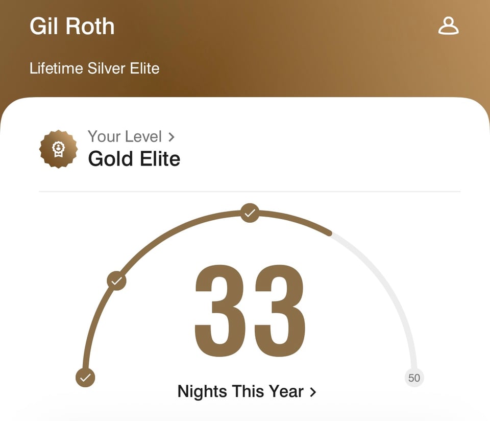 screen-cap of a Marriott account showing a person with 33 nights of stays this year; he is Gold Elite