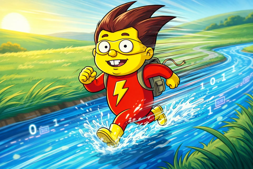 Cartoon cover image for the article βWe Ralph Wiggumed WebStreams to make them 10x fasterβ: a yellow-skinned kid in a red flash-style suit sprints over a glowing blue data stream, splashing water and leaving motion streaks through a bright green countryside