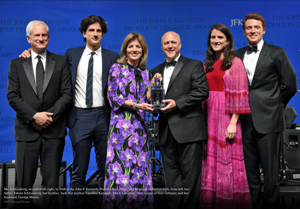 Ms. Schlossberg, second from right, in 2018 at the John F. Kennedy Presidential Library and Museum in Boston with, from left, her father, Edwin Schlossberg; her brother, Jack; her mother, Caroline Kennedy; Mitch Landrieu, then mayor of New Orleans; and her husband, George