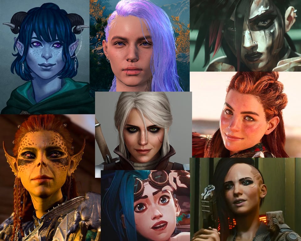 Collage I made of Jester from Critical Role, Vi and Jinx from Arcane, FemV from Cyberpunk 2077, Lae'zel from Baldur's Gate 3, Aloy from Horizon, Cirilla from The Witcher, and my Baldur's Gate 3 bard, Ando.