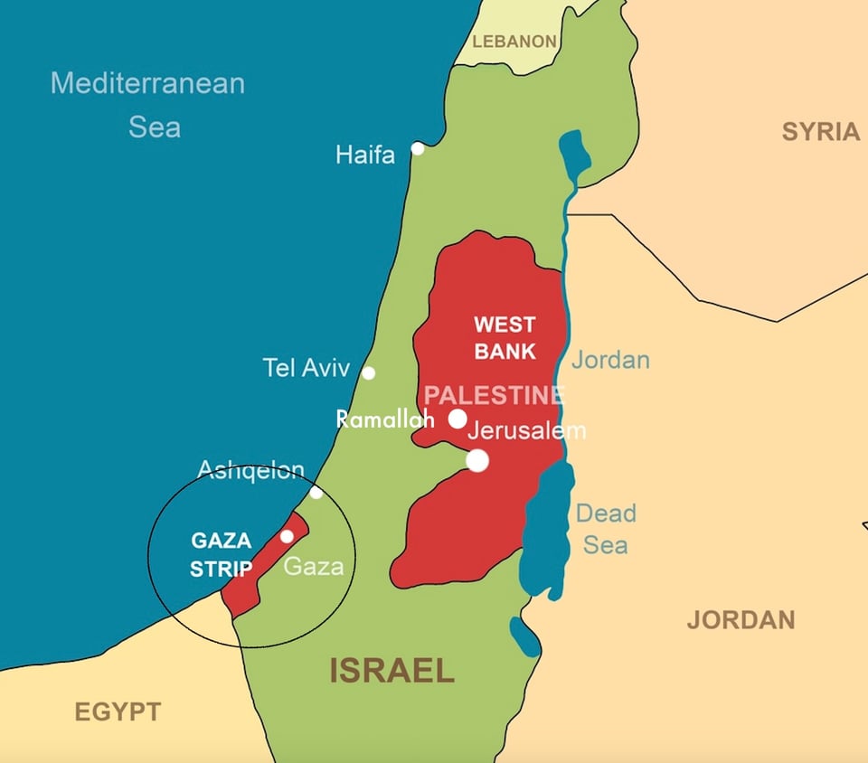 Map showing Israel, the West Bank, Gaza, Egypt, Jordan, Syria, and Lebanon