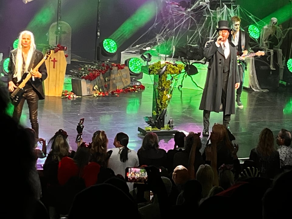 (L-R_ John Taylor, Simon Le Bon, and Dom Brown perform "Waiting For the Nightboat" for Halloween in Las Vegas, October 31, 2022.