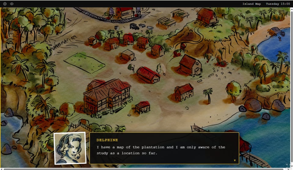 A screenshot of an illustrated map of a fictional plantation.