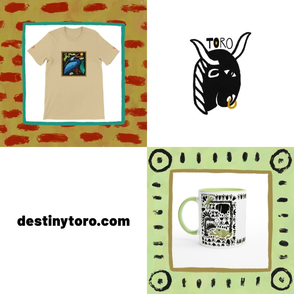 A 4 image collage of a shirt and a mug from the shop, with the TORO logo and website.