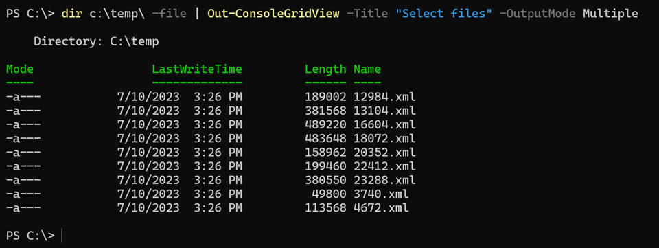 Selected files from Out-ConsoleGridView