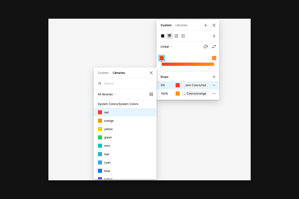 A screenshot showing the new gradient tool design within Figma. There is a red to orange gradient that's created using variables.