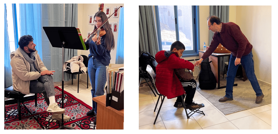 Two photos of music lessons: on the left, a person sitting, and someone standing plaing violin; on the right, a person sitting and playing oud, and someone standing
