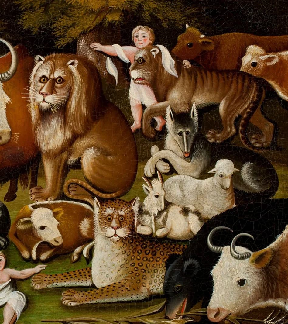 A painting of a menagerie of small animals attended to by children