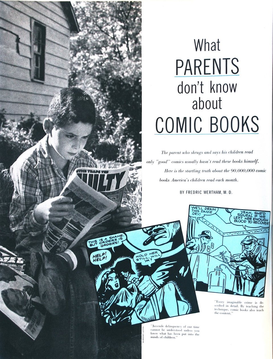 Image from Ladies Home Journal of Frederic Wertham's article WHAT PARENTS DON'T KNOW ABOUT COMICS.