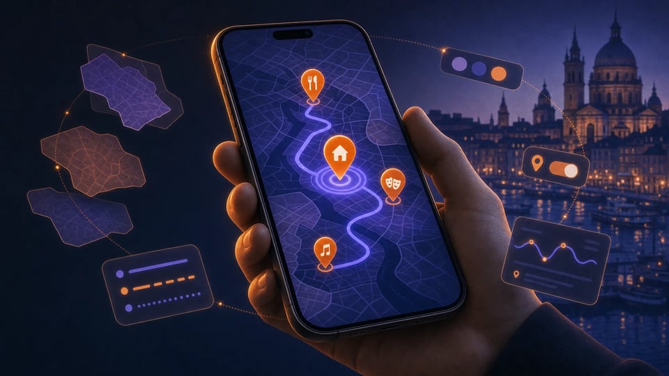 The image symbolically shows the city trip mobile app I built