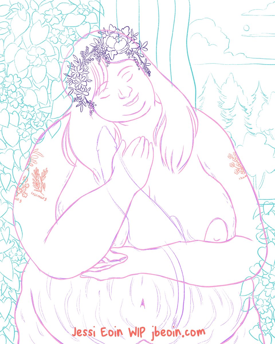 Line art of a fat nude white person with herb tattoos standing in a room filled with plants by a window that looks out into a forest. The person is cuddling a ferret in their arms and wearing a flower crown on their head. The line art is done in pinks, purples, reddish orange, and aqua blue.