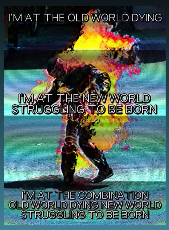 Photo of a person (stunt person? riot cop?) engulfed in flames. The image colour is distorted and there are lines across the image like it's on an old CRT screen. Text over the image says: I'm at the old world dying. I'm at the new world struggling to be born. I'm at the combination old world dying new world struggling to be born.