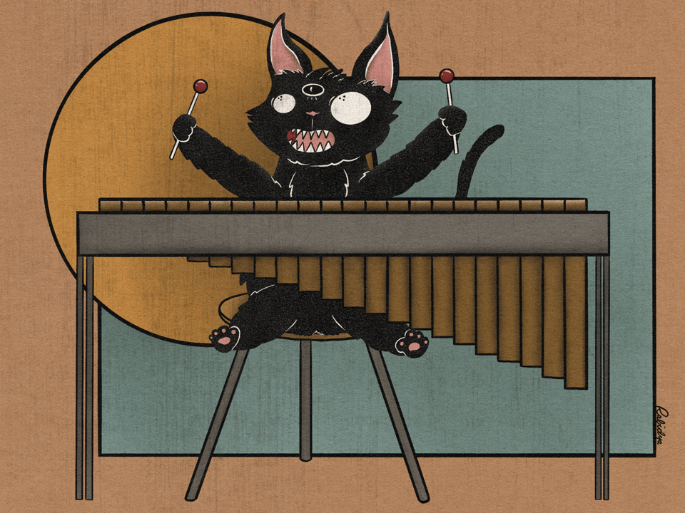 A drawing of a black cat playing a marimba. The background is peach with a teal rectangle and gold circle overlapping each other. The cat's arms are raised in the air and its mouth is open.