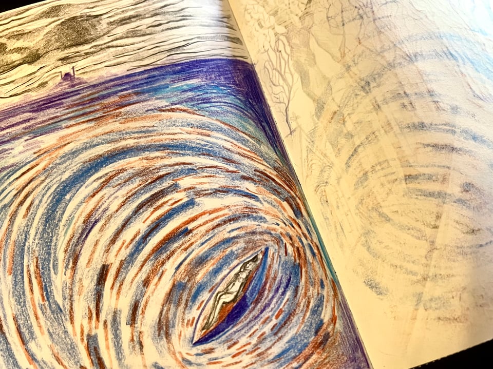 sketchbook page of floating in the bosphorus in istanbul