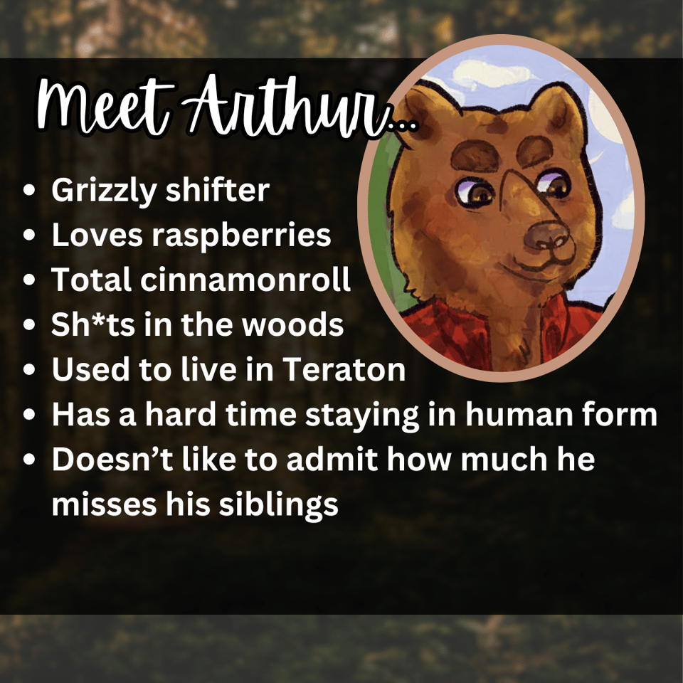 The same format as Jay's intro, with the following text: Meet Arthur. *Grizzly Shifter * Loves raspberreies *Total cinnamon roll *Shits in the woods *Used to live in Teraton *Has a hard time staying in human form *Doesn't like to admit how much he misses his siblings.