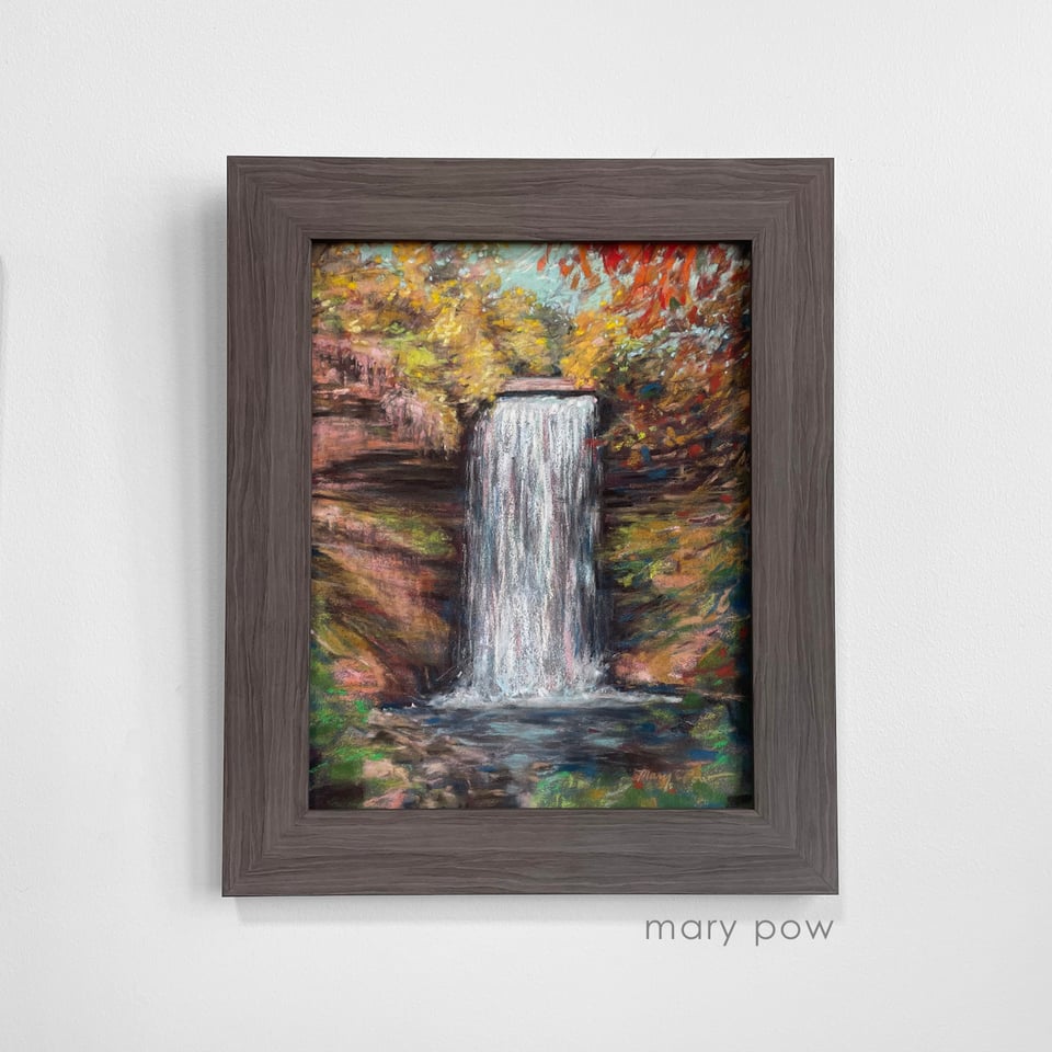 Soft pastel painting of Minnehaha Falls by Mary Pow