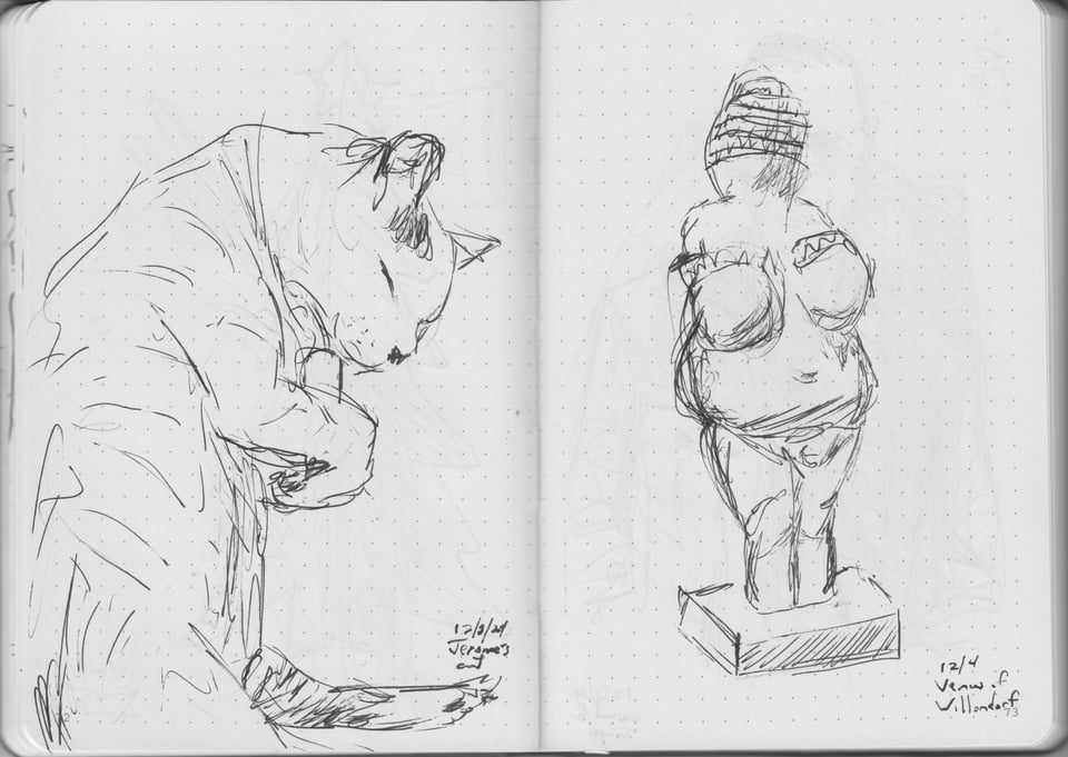 bad pen-sketches of a sleeping cat and the Venus of Willendorf