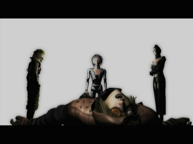 Three figures standing before a dead body