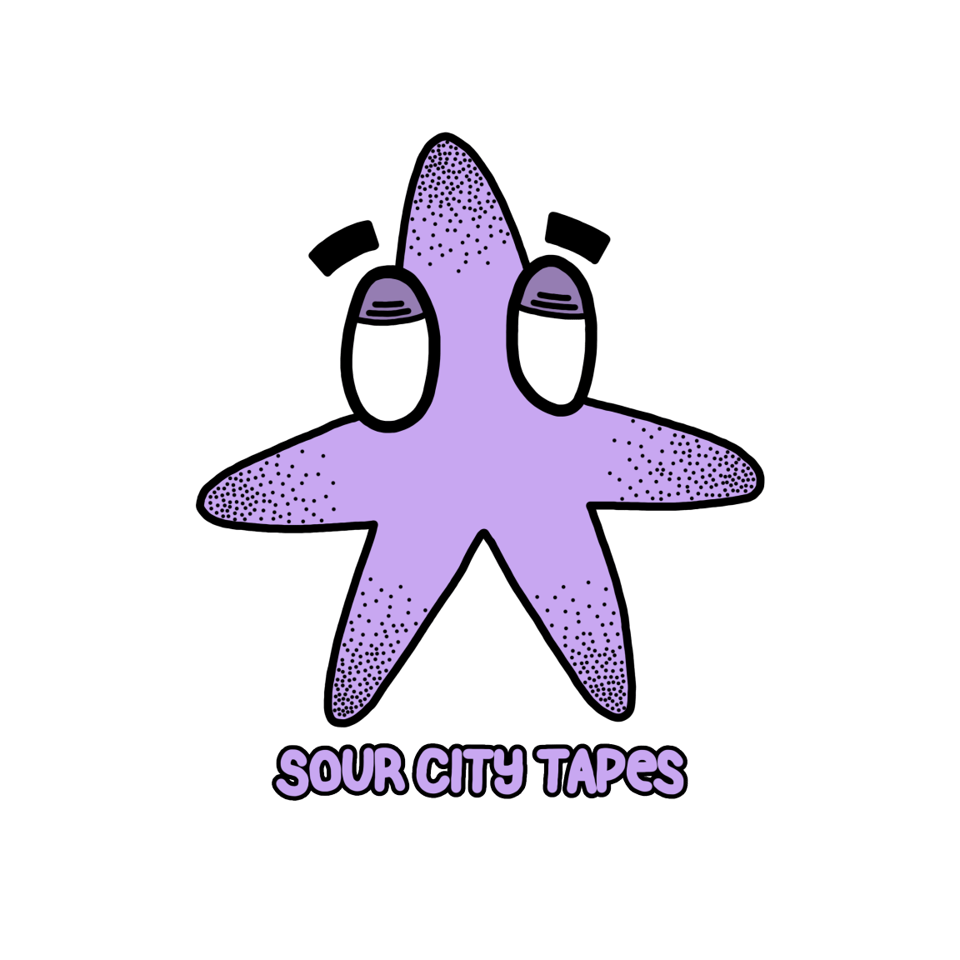 A stylized purple cartoon starfish with prominent eyebrows and the words "Sour City Tapes"