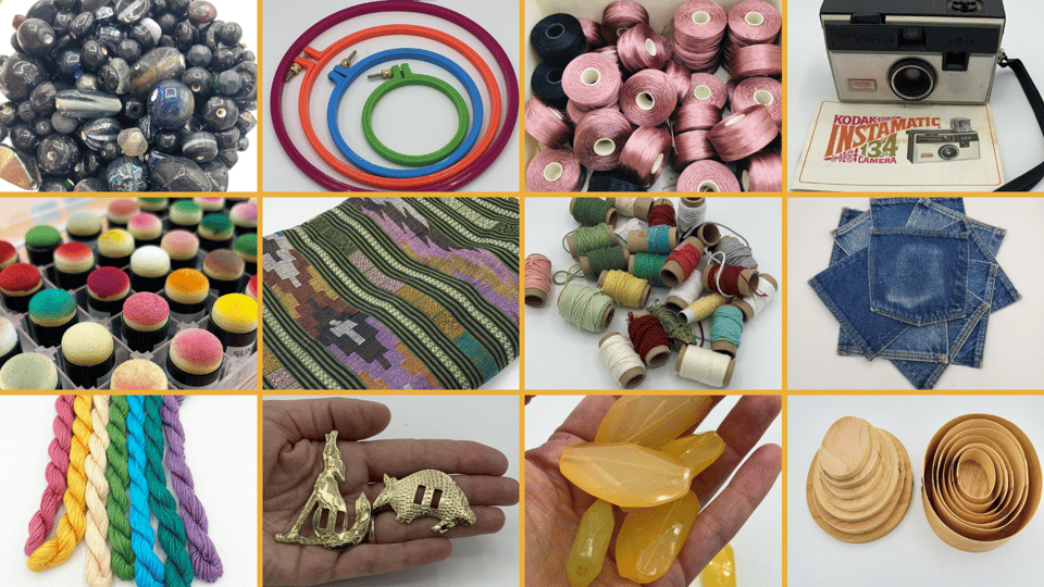 Thistle Creative Reuse random items that are for sale, beads, thread, embroidery hoops, old vintage cameras, jean pockets, etc.