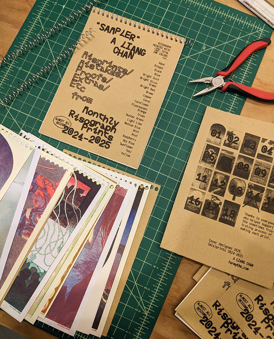 spiral-bound risograph sampler book being assembled