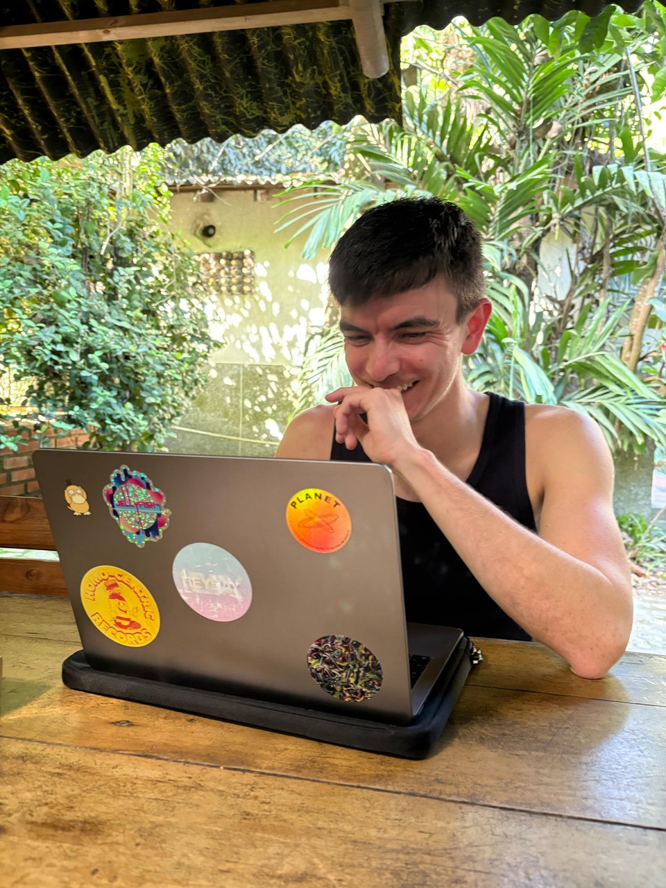 Me working on my laptop at the cafe at Bonanza festival