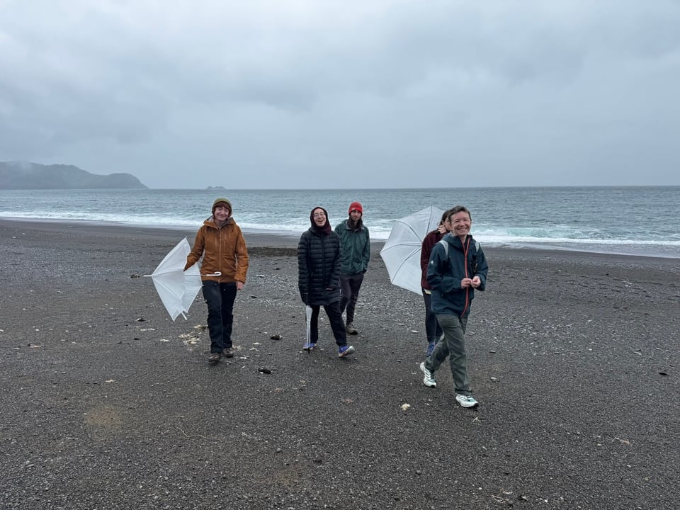 Group of walkers laughing on a dark volcanic beach with windswept umbrellas, layered in jackets and beanies against the grey, moody coastal weather
