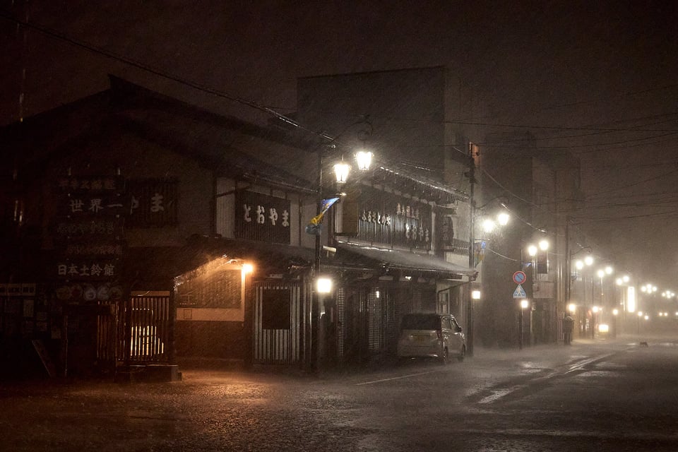 A summer storm in Shirotori, Gifu. Dark street, heavy rain.