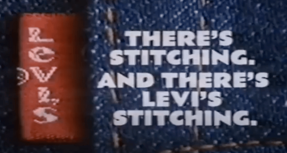 A screenshot of the end frame of a Levi's ad. It's a close up of the red Levi's label next to some stitching on the back of a pair of jeans. Superimposed on the image is the following text: