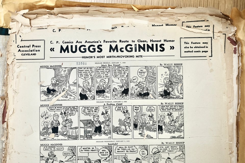 Muggs McGinnis weekly printed sheets for comics distribution, with the strip's title large across the top and two and one half strips down shown in the cropped image.