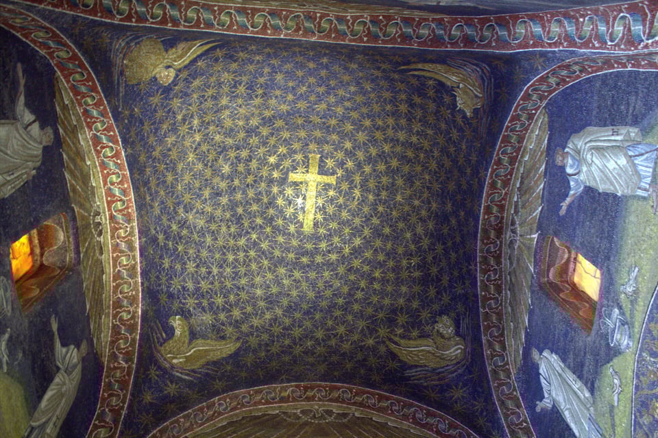 image of the ceiling of the mausoleum. beautiful tesserae of blues and golds, making a canopy of stars