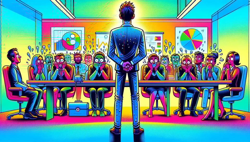 a colorful illustration nervous man standing in front of a group of people who all look shocked and upset at what he's saying
