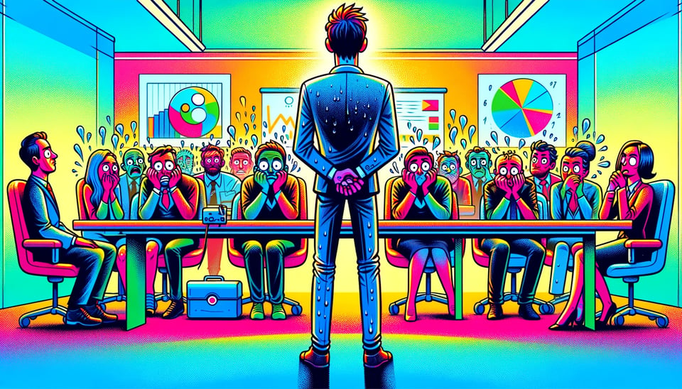 a colorful illustration nervous man standing in front of a group of people who all look shocked and upset at what he's saying