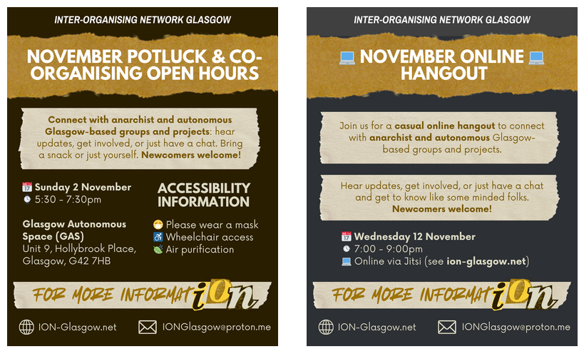 Posters listing information for November events
