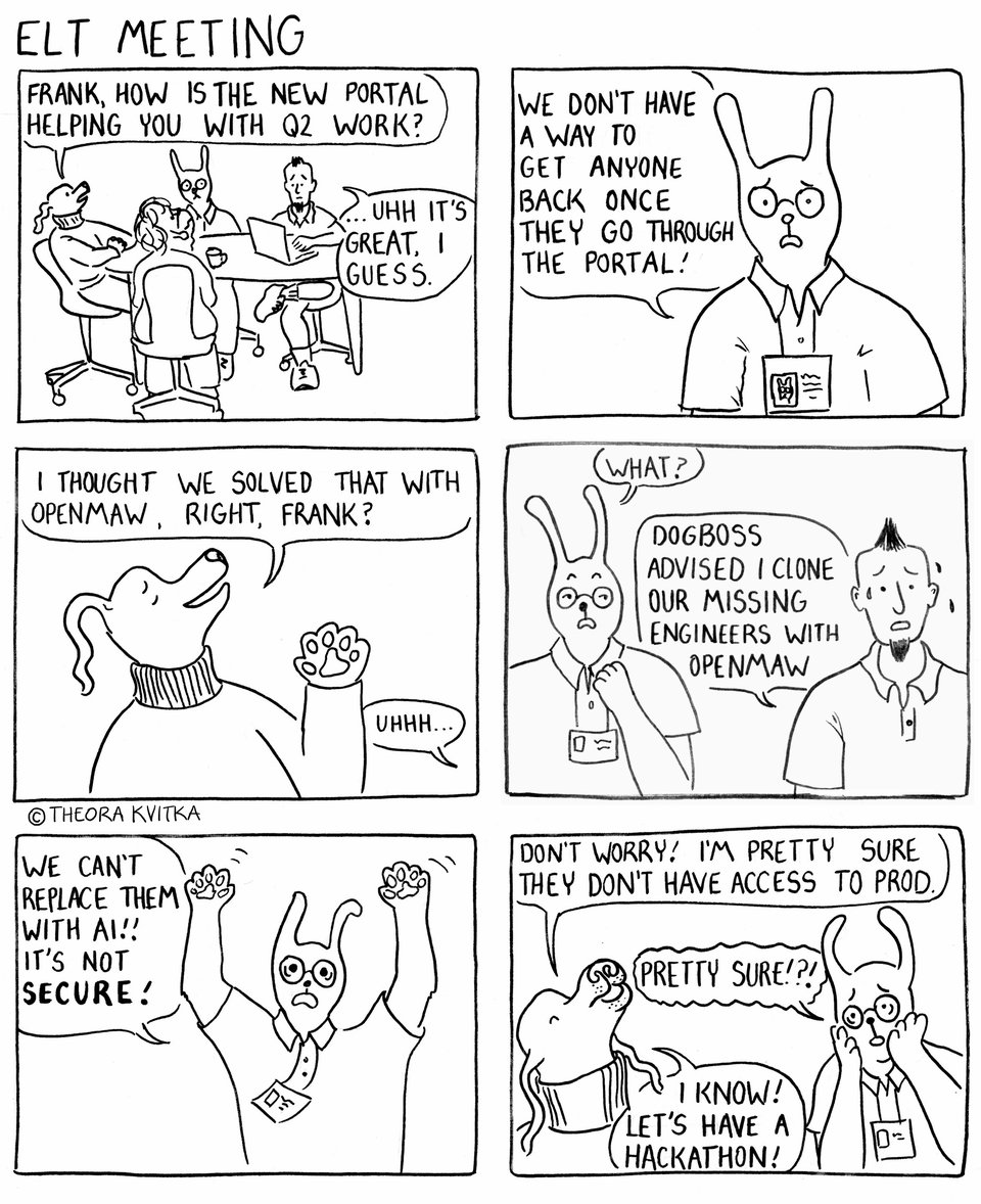 Six panel comic titled "ELT meeting" where Dogboss asks Frank about how the Portal is helping with Q2 work, and he reveals he's cloned developers with AI.