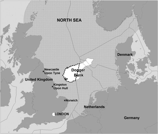 Situation du Dogger bank en mer du Nord, partagé entre quatre États (UK, Pays-Bas, Allemagne et Dannemark).