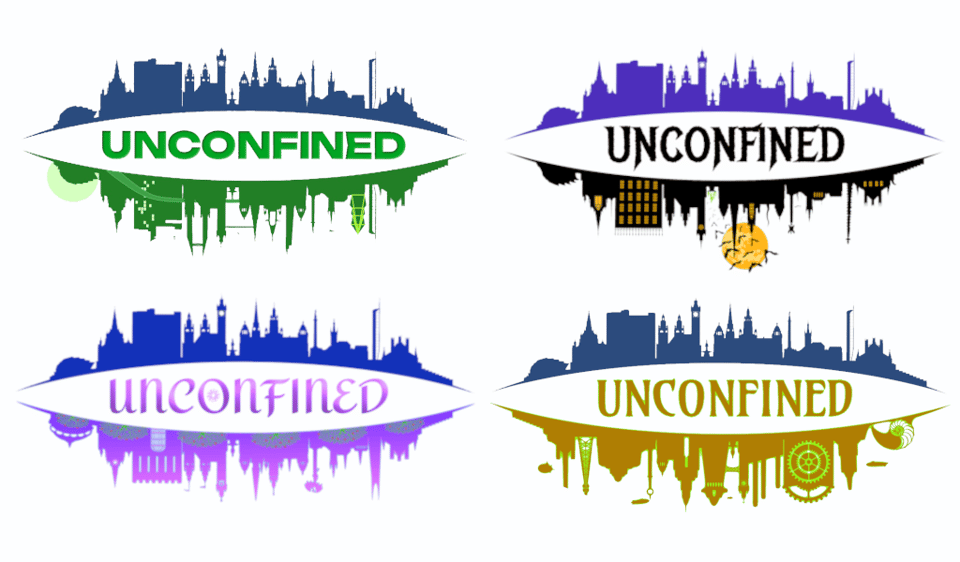 The word "Unconfined" bound by a series of curved skylines and in a range of fonts. The upper skyline is for each an impression of the skyline of the city of Glasgow. The lower is similar to the upper but rendered in different styles: science fiction, spooky, fantasy and steampunk.