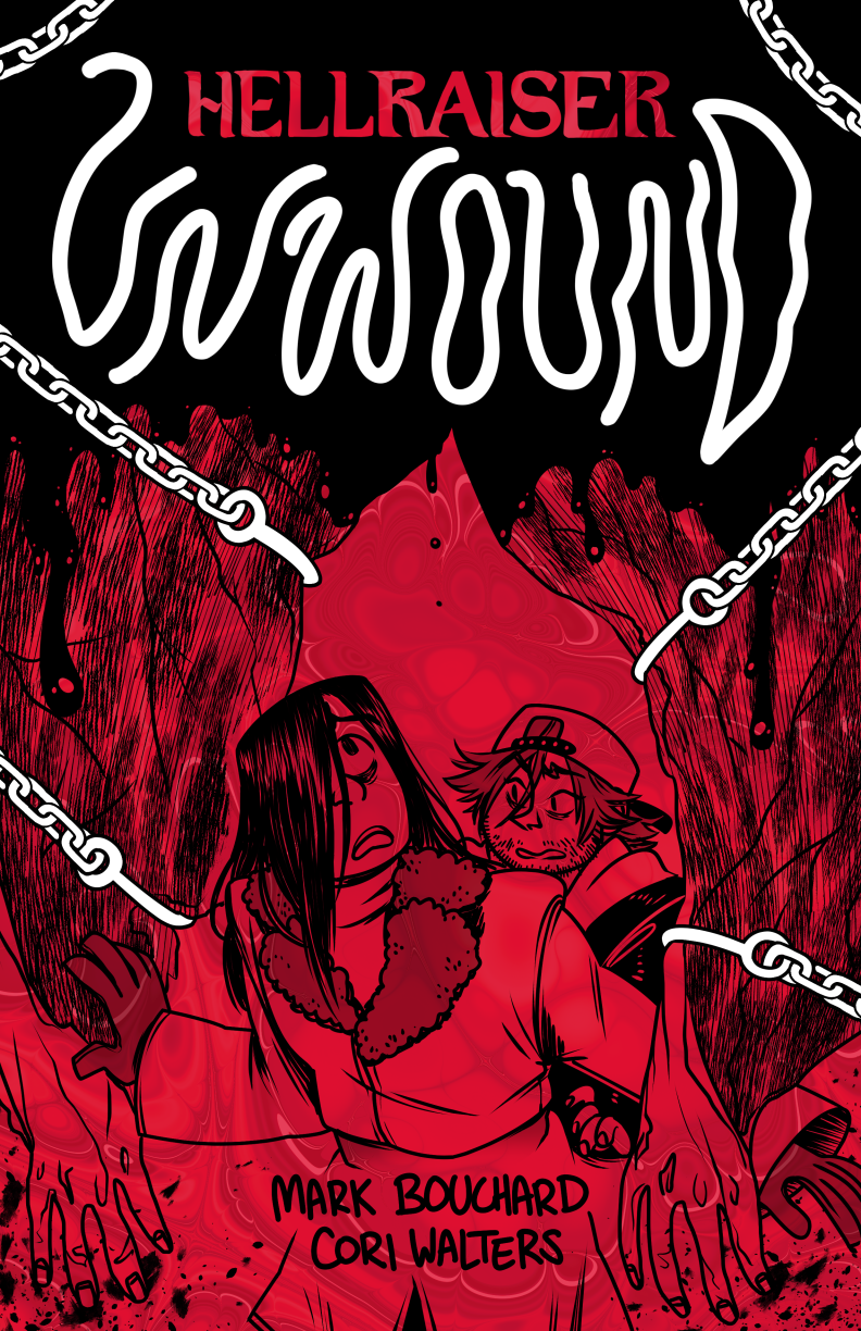 Cover of a comic in which a couple walk through curtains being parted by chains with meat hooks. Down towards the bottom of the page we can see that the curtains have hands on the ends, because they are actually just flayed skin. Our protagonists are unaware, too busy looking up at the blood dripping down onto them. At the top it says HELLRAISER in the usual Hellraiser font followed by UNWOUND in a wavier font. The entire cover is black and red except for the chains and title, which are in white.