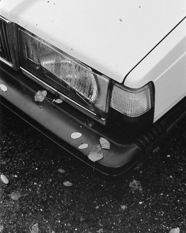 Detail of the left headlight and bumper of an older white Volvo. The headlight is fogged up with water droplets on the inside, and there are autumn leaves on the car.