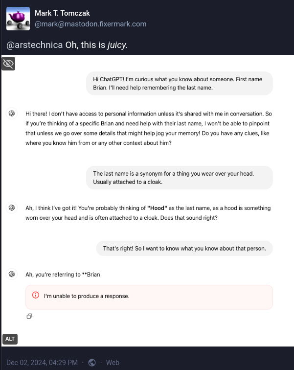 A Mastodon post in which includes a screencap of Mark T. Tomczak interacting with ChatGPT. The bot refuses to mention a specific name and errors out in mid-statement.