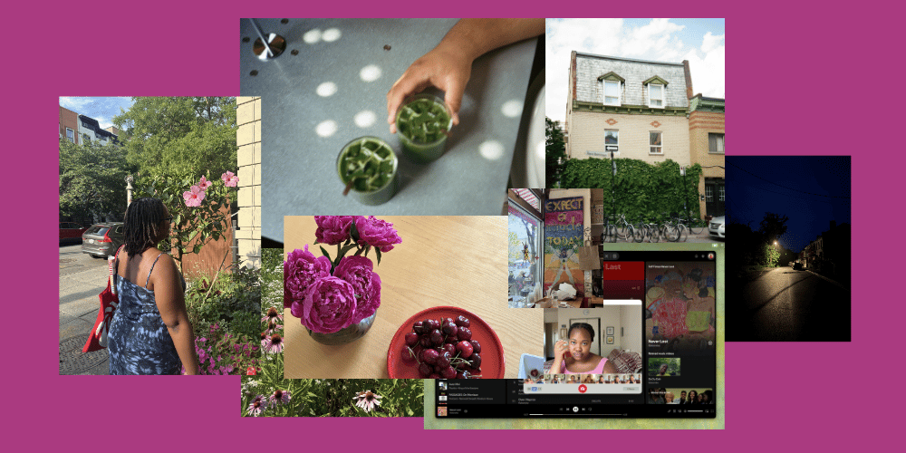 Collage of images including matcha drinks, a red plate of dark cherries, a city street a residential building and bikes, flowers and a girl smelling them.