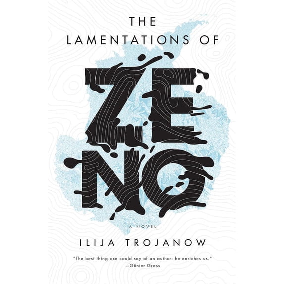 Cover of Ilija Trojanow's The Lamentations of Zeno, with a background of ocean blue and thinly drawn currents.