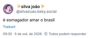 Post de ✨silva joão✨(@silvazuao.bsky.social): é esmagador amar o brasil